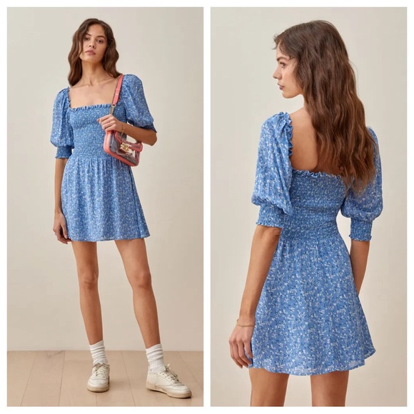 Reformation Dresses & Skirts - Reformation Elle Dress Size 0 Blue Floral Mini Short Puff Sleeve Smocked Top